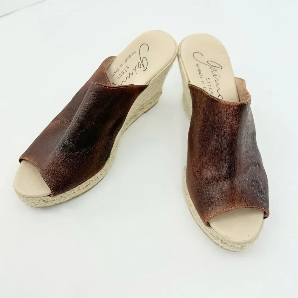 Gaimo Anthropologie GOSSA Brown Leather Open Toe Wedge Heel Espadrille Sandals